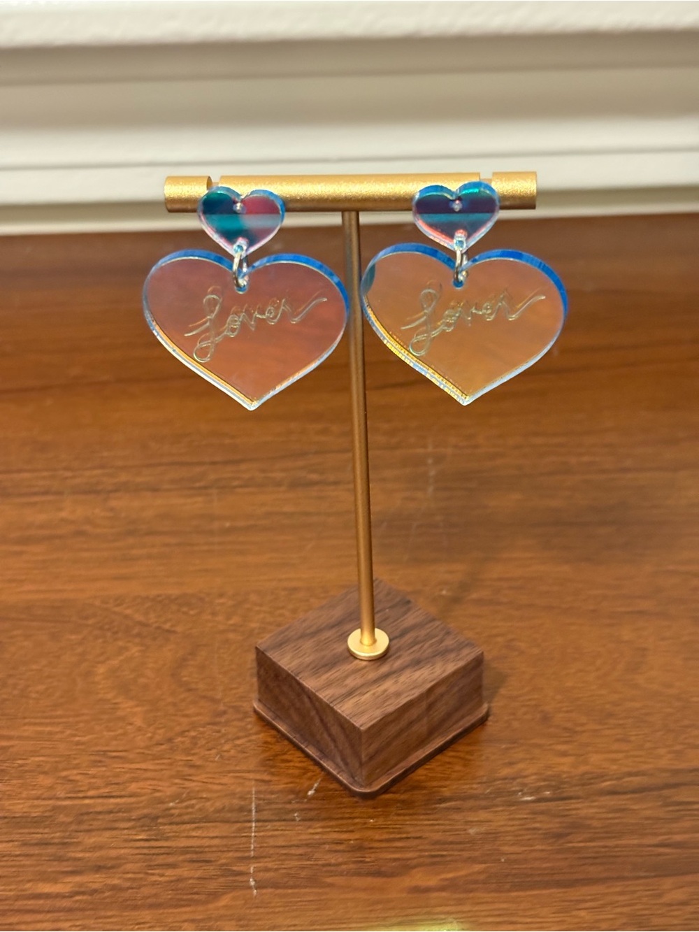 Iridescent 'Lover' Heart Earrings - Pink & Blue